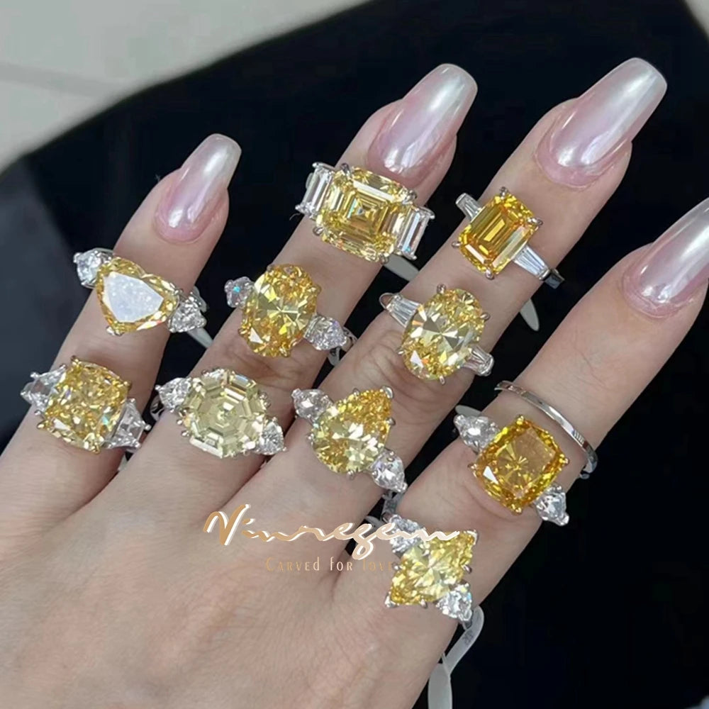 Vinregem Sparkling Citrine High Carbon Diamond Gemstone 100% 925 Sterling Silver Wedding Women Ring Engagement Fine Jewelry Gift